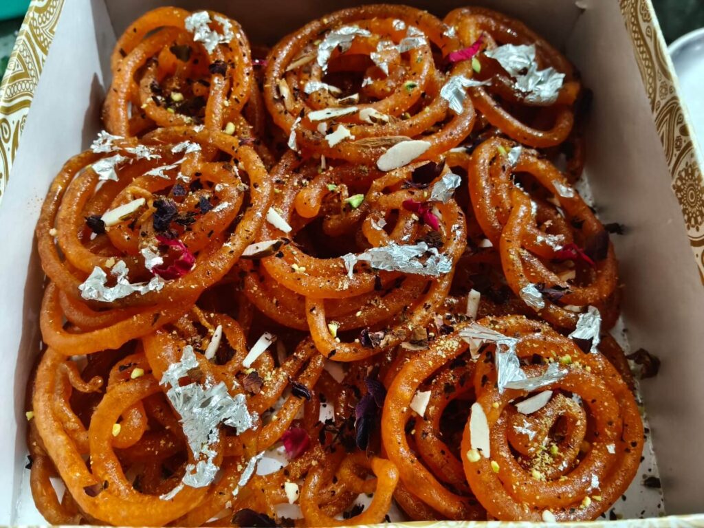 Shudh desi ghee traditional Indian jalebi with kesar on top